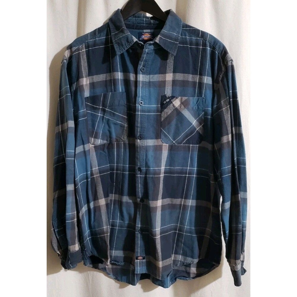 Dickies Men's XL Blue Plaid Long Sleeve Button Up Shirt Workwear 100% Cotton